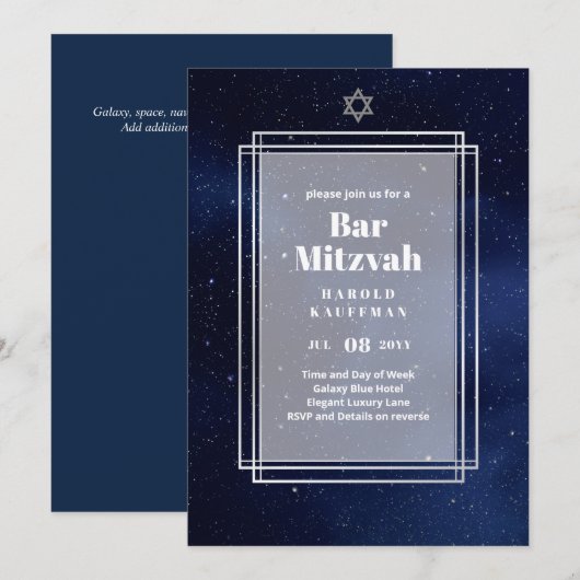 GALAXY Boys BAR MITVAH Space Blue Einladung (Vorne/Hinten)
