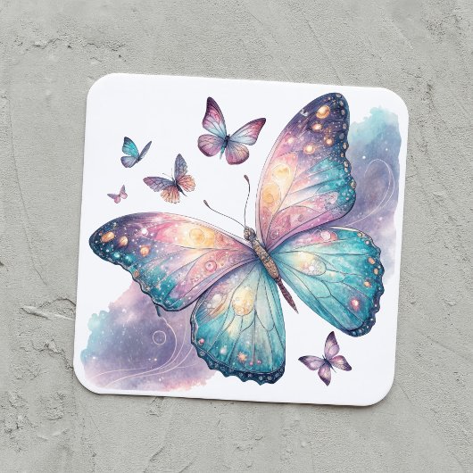 Galaxy Butterfly with Pastel Celestial Wings Quadratischer Aufkleber