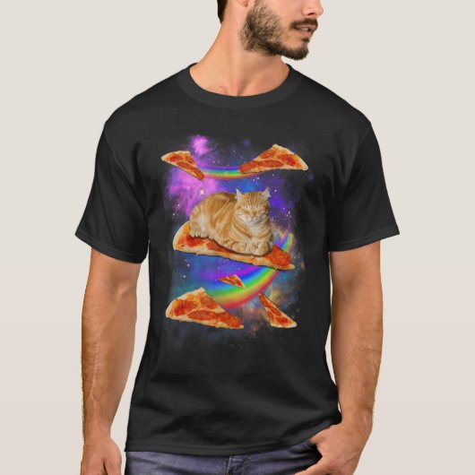 Galaxy Cat In Space Cat Riding Pizza T-Shirt (Vorderseite)