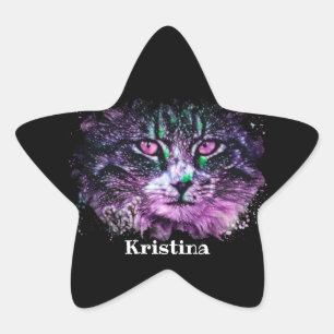 Galaxy Cat Lila Green Digital Wasserfarbe Stern-Aufkleber