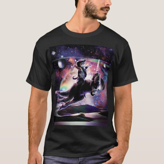 Galaxy Cat on Dinosaur Unicorn im Weltraum T-Shirt (Vorderseite)
