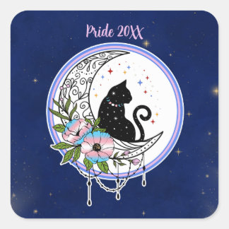 Galaxy Cat und Blume in Transgender-Flag-Farben Quadratischer Aufkleber
