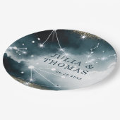 Galaxy Custom Blue Gold Stars Hochzeit Pappteller (Schrägansicht)