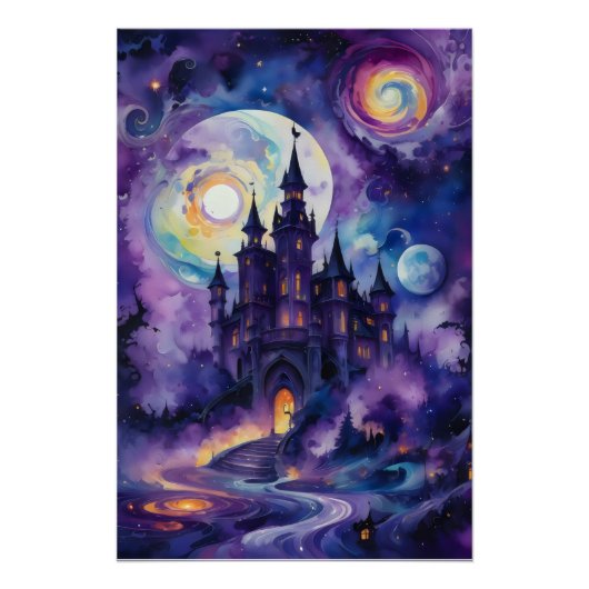 Galaxy Dreams: Mystisches Schloss im Lila Himmel Poster (Vorderseite)