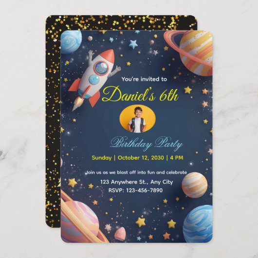 Galaxy Explorers Kindergeburtstag Einladung 🚀 🌌 (Vorne/Hinten)