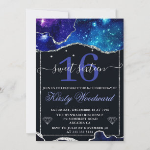 Galaxy & Faux Silber Glitter Achat Sweet 16 Einladung