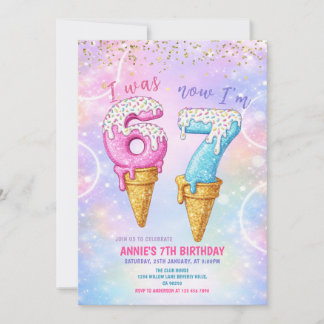 Galaxy Glitter Ich war 6 jetzt 7 Geburtstag Eiscre Einladung