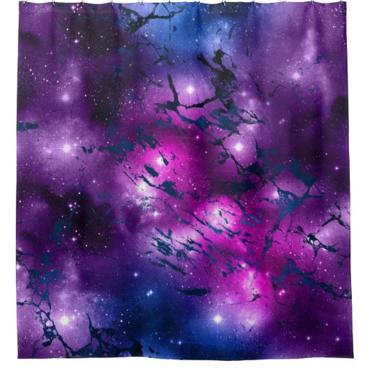 Galaxy Glow | Kosmisches Blau, Lila und rosa Marmo Duschvorhang (Vorderseite)