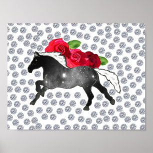 Galaxy Horse Schwarz-weiß Nebula Rose und Diamante Poster