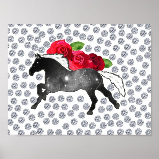 Galaxy Horse Schwarz-weiß Nebula Rose und Diamante Poster (Vorne)