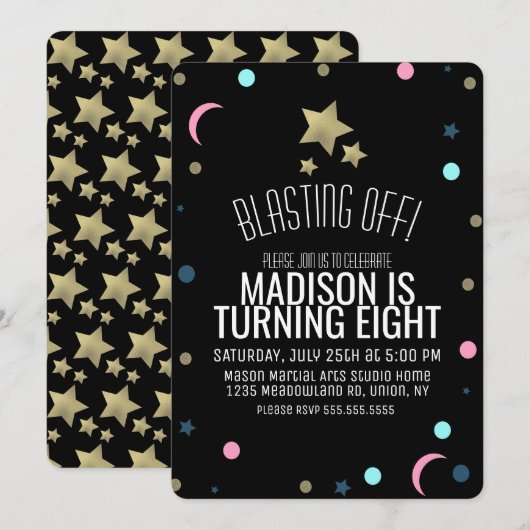 Galaxy Imitate Gold Stars Confetti Space Geburtsta Einladung (Vorne/Hinten)