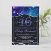 Galaxy & Imitate Silver Glitzer Agate Sweet 16 Einladung (Stehend Vorderseite)