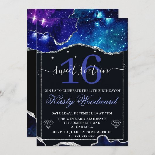 Galaxy & Imitate Silver Glitzer Agate Sweet 16 Einladung (Vorne/Hinten)