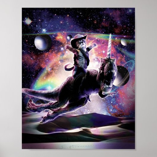 Galaxy Katze auf Dinosaurier Einhorn im Weltraum Poster (Vorne)