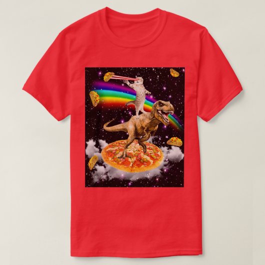Galaxy Laser Eye Cat on Dinosaur on Pizza with Tac T-Shirt (Design vorne)