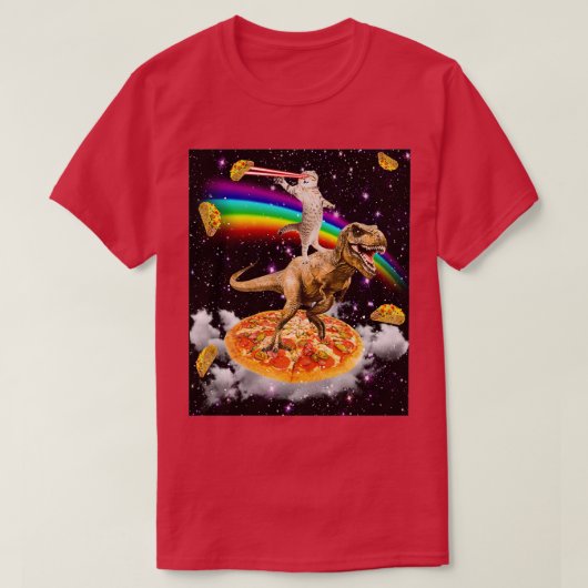 Galaxy Laser Eye Cat on Dinosaur on Pizza with Tac T-Shirt (Design vorne)