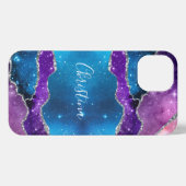 Galaxy Lila, Blue Marbled Agate & Silver Glitzer iPhone Hülle (Rückseite (Horizontal))