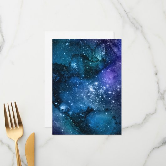 Galaxy Lovers Starry Space Blue Sky White Glitzern Menükarte (Vorderseite/Rückseite Beispiel)