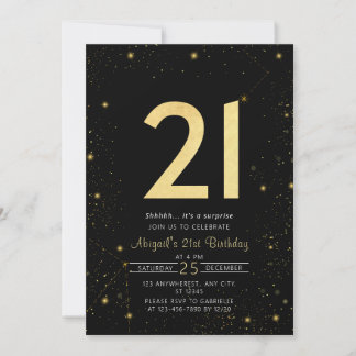 Galaxy Modern Black and Gold 21. Geburtstag Party Einladung