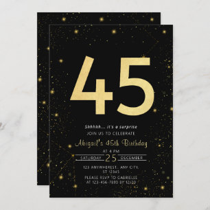 Galaxy Modern Black and Gold 45. Geburtstagsparty Einladung