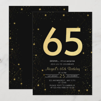 Galaxy Modern Black and Gold 65. Geburtstagsparty Einladung