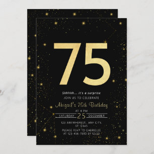 Galaxy Modern Black and Gold 75. Geburtstagsparty Einladung
