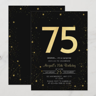 Galaxy Modern Black and Gold 75. Geburtstagsparty Einladung