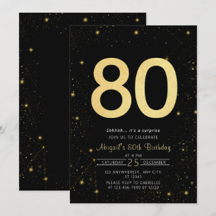 Galaxy Modern Black and Gold 80. Geburtstagsparty Einladung