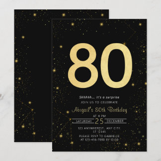 Galaxy Modern Black and Gold 80. Geburtstagsparty Einladung