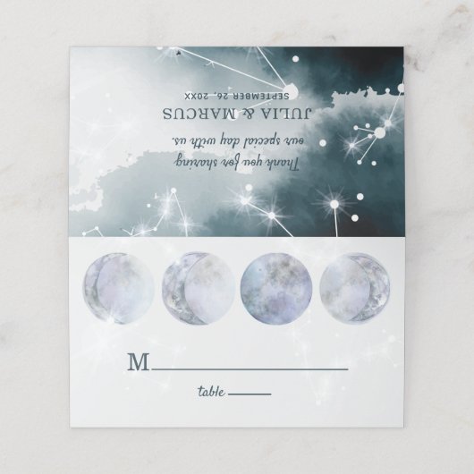 Galaxy Moon Blue Gold Stars Hochzeit Platzkarte (Außenseite Aufgefaltet)