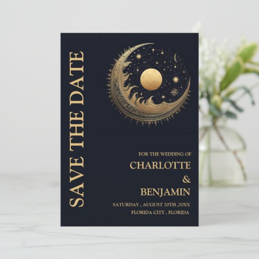 Galaxy Moon Stars Celestial Wedding Save The Date (Stehend Vorderseite)