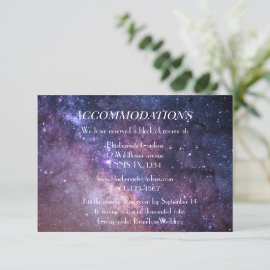 Galaxy Nebula Celestial Hochzeitsunterkünfte Begleitkarte (Stehend Vorderseite)