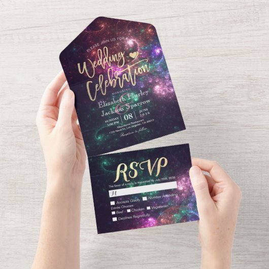 Galaxy Nebula Konstellationen Schöne Hochzeit RSVP All In One Einladung (Abreißen)