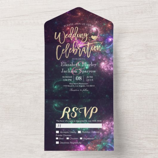 Galaxy Nebula Konstellationen Schöne Hochzeit RSVP All In One Einladung (Innen Boden)