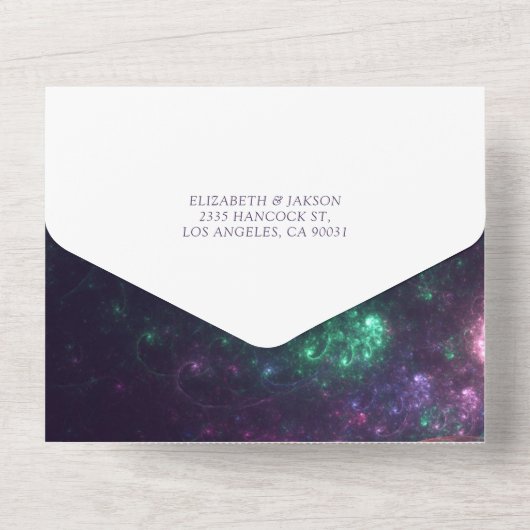 Galaxy Nebula Konstellationen Schöne Hochzeit RSVP All In One Einladung (Rückseite)