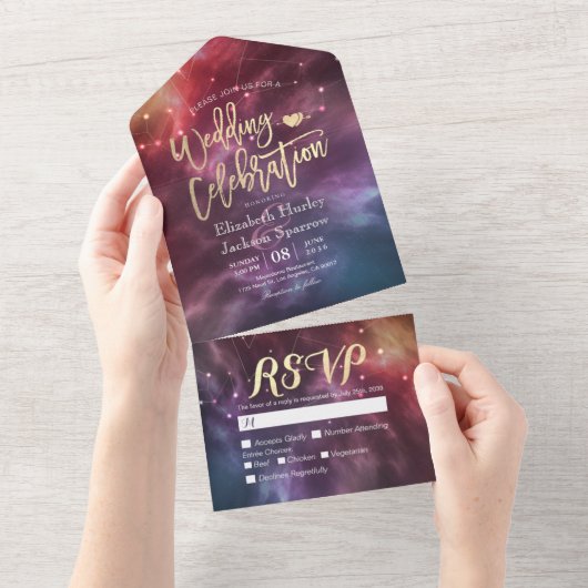 Galaxy Nebula Konstellationen Schöne Hochzeit RSVP All In One Einladung (Abreißen)
