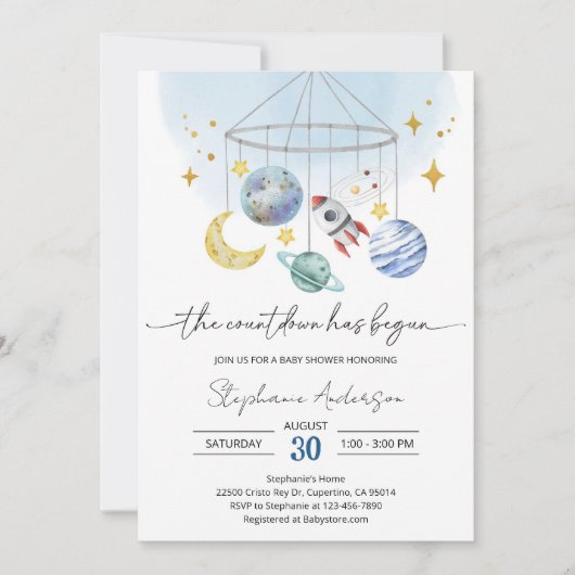 Galaxy Outer Space Blaue Babyparty Einladung (Vorderseite)