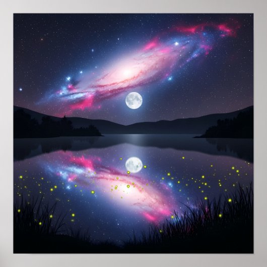 Galaxy Over Moonlit Lake with Cosmic Reflection Poster (Vorne)