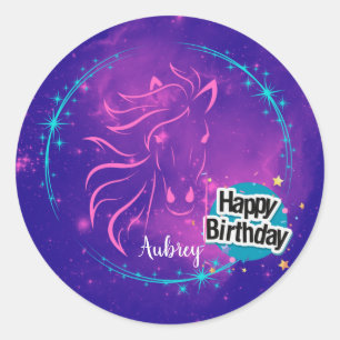 Galaxy-Pferd Alles Gute zum Geburtstag Lila Kosmis Runder Aufkleber