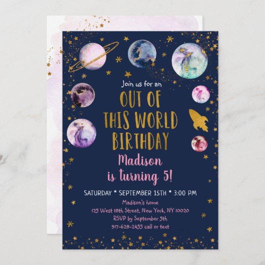 Galaxy Pink Gold aus dieser Welt Geburtstag Einladung (Vorne/Hinten)