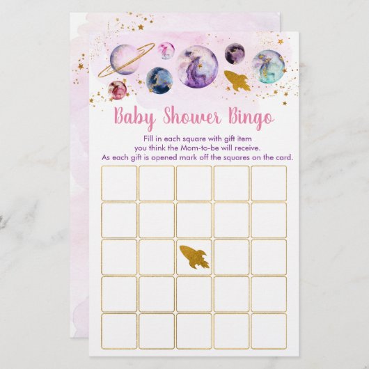 Galaxy Pink Gold Space Baby Dusche Bingo Spiel (Vorne/Hinten)