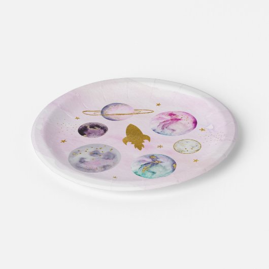Galaxy Pink Gold Weltraum Geburtstag Pappteller (Schrägansicht)