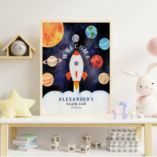 Galaxy Planets and Stars Space Rocket Willkommen Poster