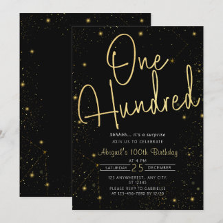 Galaxy Script Black and Gold 100. Geburtstagsparty Einladung