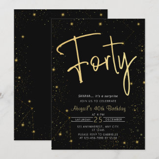 Galaxy Script Black und Gold 40. Geburtstag Party Einladung