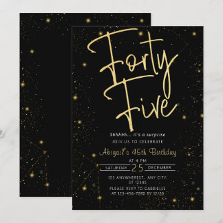 Galaxy Script Black und Gold 45. Geburtstagsparty Einladung
