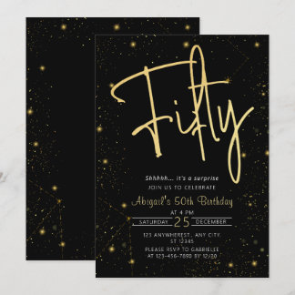 Galaxy Script Black und Gold 50. Geburtstagsparty Einladung