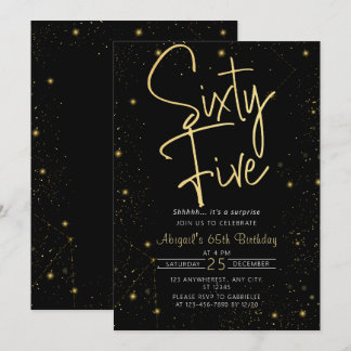 Galaxy Script Black und Gold 65. Geburtstagsparty Einladung