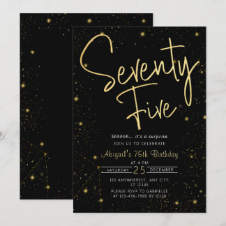 Galaxy Script Black und Gold 75. Geburtstagsparty Einladung