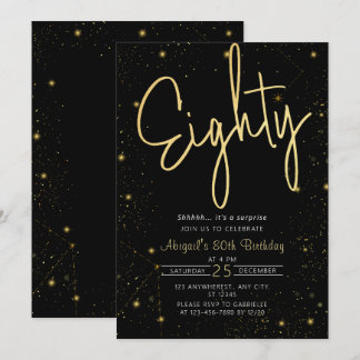 Galaxy Script Black und Gold 80. Geburtstagsparty Einladung